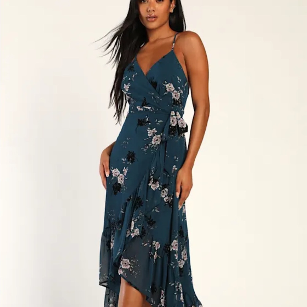 Life of Romance Teal Blue Floral Print Ruffled High-Low Dress
Lulus
$84